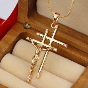 "Rose Gold Triple Cross Pendant with Jesus and CZ Accents, XPPT1855